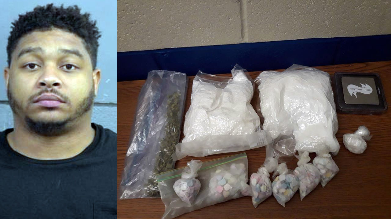 Mark Ray mugshot, along with drugs that were allegedly found in his vehicle (Nov. 21, 2019)